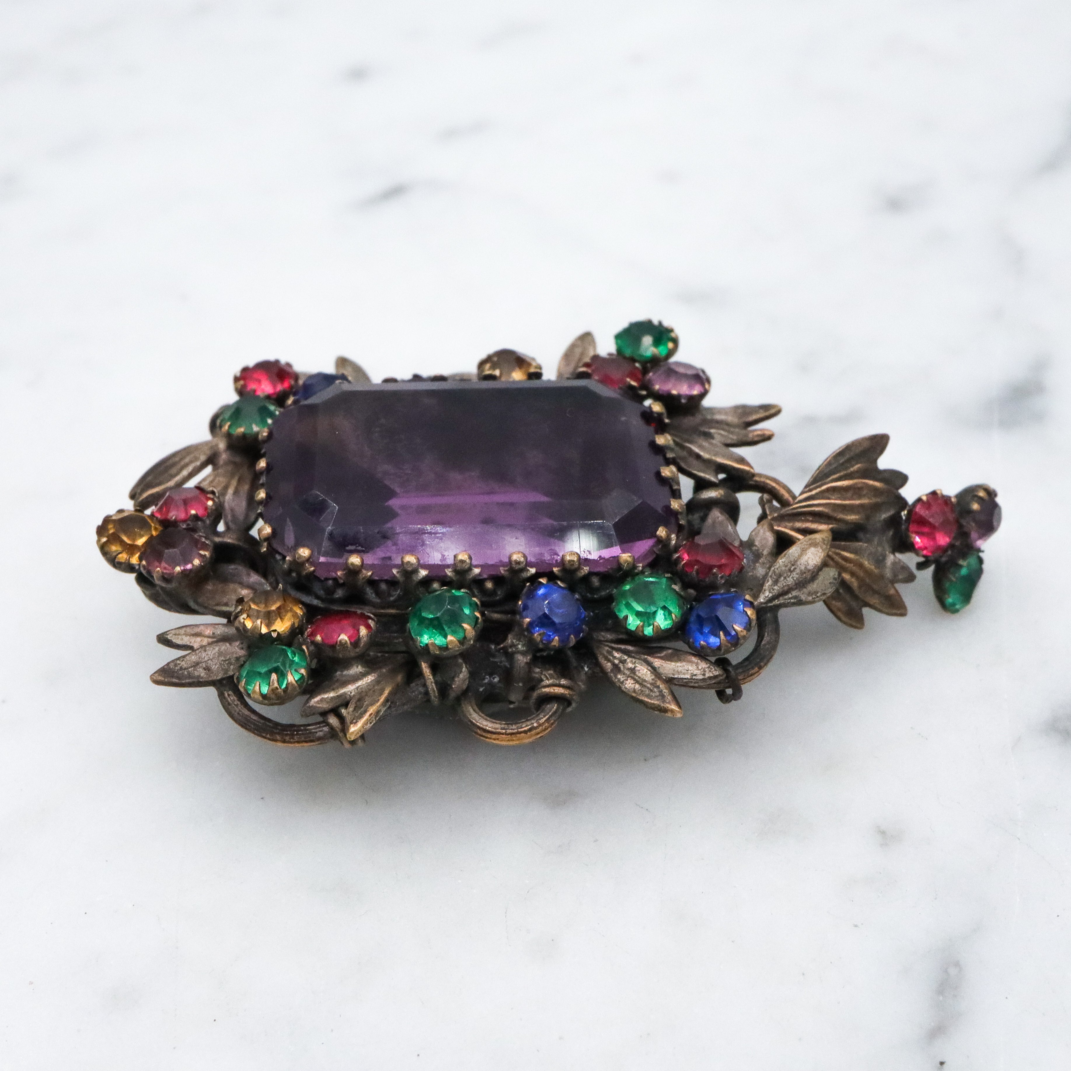 Antique harlequin Czech crystal faux amethyst floral locket pendant